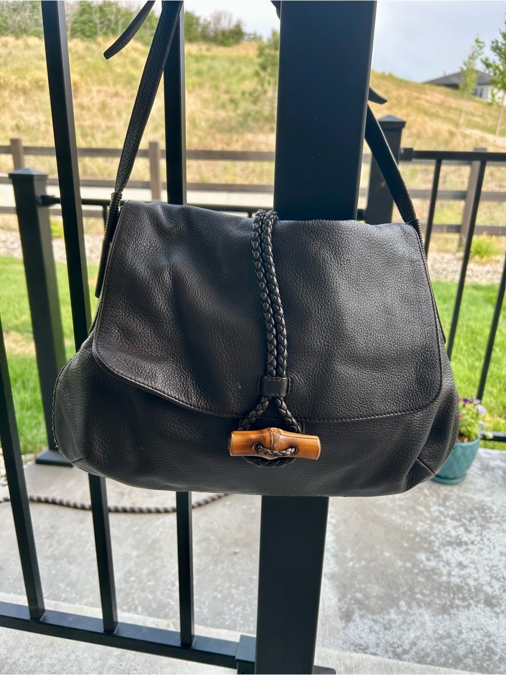 Gucci Brown Leather Shoulder Bag with Braided Strap and Bamboo Toggle